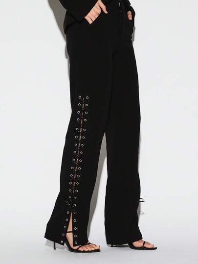 KIZN Lace Up Detail Wide Leg Palazzo Trousers With Side Eyelet Closure Full Length High Waist Casual Fashion Pants