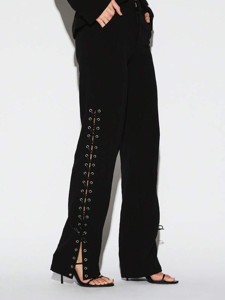 KIZN Lace Up Detail Wide Leg Palazzo Trousers With Side Eyelet Closure Full Length High Waist Casual Fashion Pants