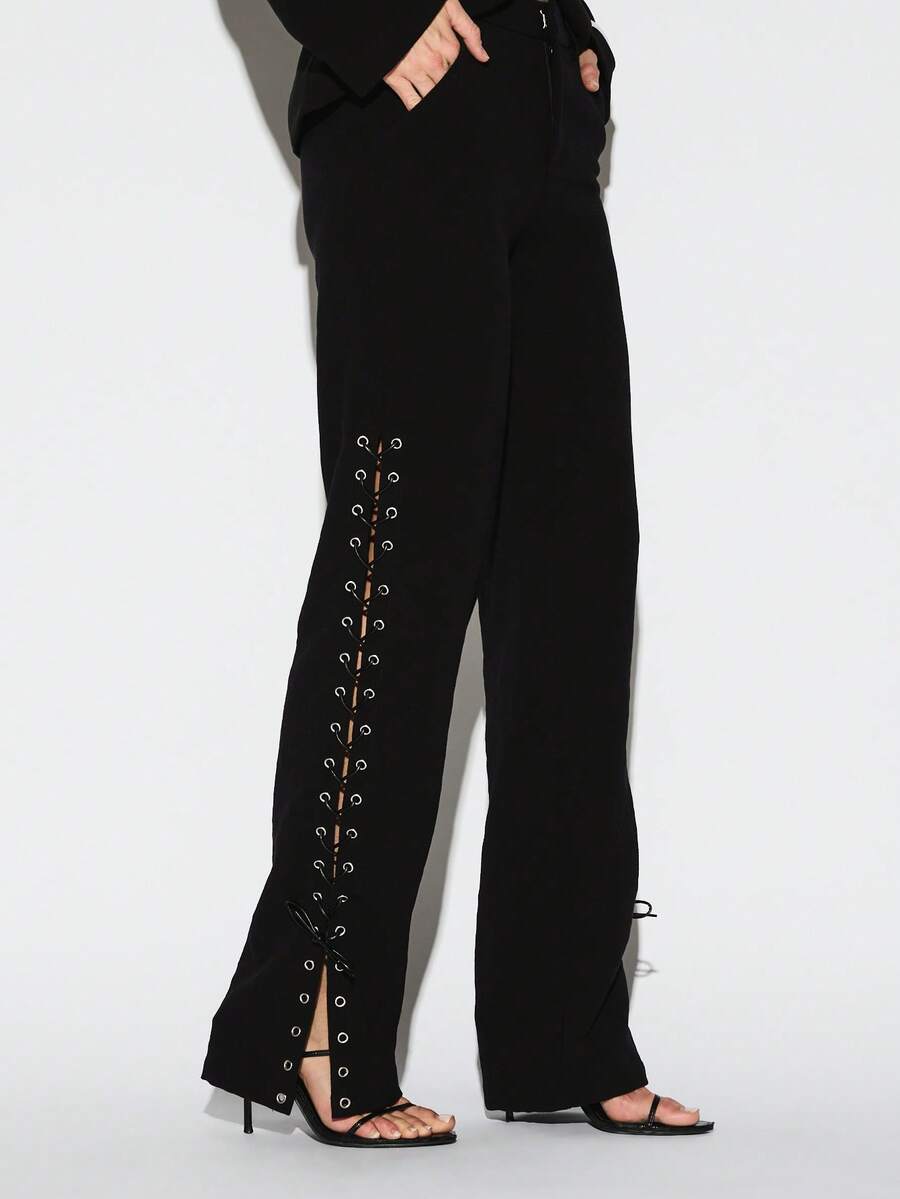 KIZN Quần Palazzo ống rộng buộc dây có lỗ cài bên hông, quần dài cạp cao thời trang thường ngày - màu đen - Xem 1