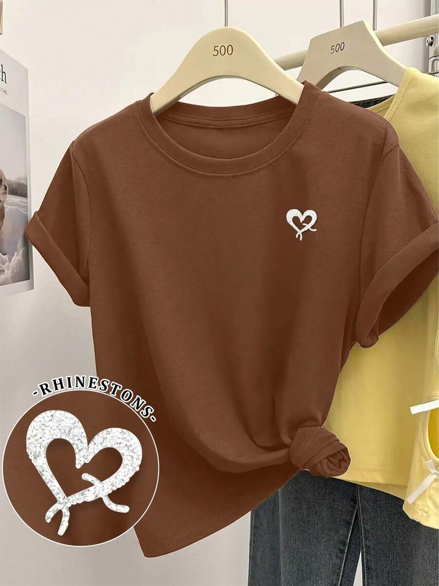 Resyla 女士圆领短袖休闲T恤，常规版型，夏季 - 棕色 - 查看 1