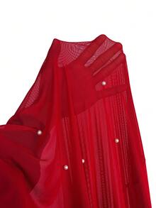 SHEIN Elenzya Elenzga 女士加大码优雅修身喇叭袖网纱拼接串珠连衣裙，秋冬款 - 紅色 - 查看 5