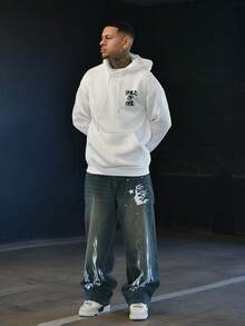 Devon Thys 男式字母印花长袖抽绳休闲连帽运动衫，返校季，秋冬 - 白色 - 查看 5