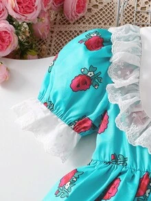 Girls' Woven Green Fabric Dress With Midriff Waist Inset And Floral Lace Trim, Cute And Elegant, Suitable For Daily Wear, Gatherings And Vacations - Green - View 7