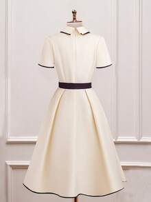 Franclia Fashionable Waist Cinched French Style Contrast Color Block Beige Dress For Women, Spring/Summer - Apricot - View 2