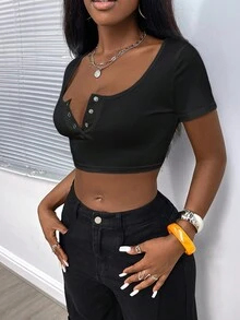 SHEIN EZwear Ladies' Summer Slim-Fit Casual Solid Front Button Cropped T-Shirt - Black - View 5