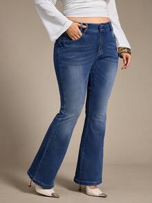 Auralis Women's Plus Size Flared Jeans, Fall Women Clothes - Blue - View 1