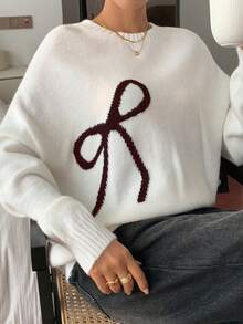 DAZY Cream-White Bow Knitted Sweater For Women, Loose Vintage Style, Autumn/Winter - Coffee Brown - View 3
