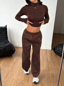 SHEIN PETITE 2pcs Women Casual Solid Color Stand Collar Fitted Long Sleeve T-Shirt & Drawstring Waist Straight Pants Set, Suitable For Autumn/Winter - Brown - View 5