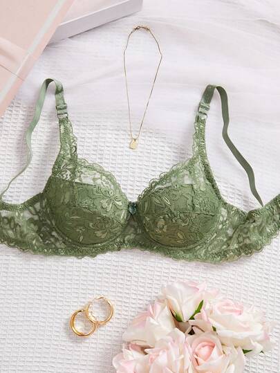 Women's Army Green Lace Push Up Bra Elegant Scallop Details Plain Fantasy Style Lingerie