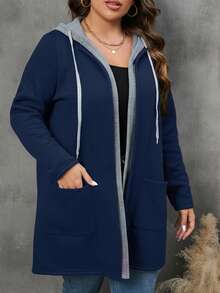 SHEIN PETITE CURVE Abrigo con capucha con cordón y bolsillos para mujer talla grande de invierno - Azul - Ver 3