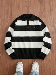 SWAVVY Suéter polo de manga larga con rayas blancas y elegante para hombres - Blanco y Negro - Ver 2