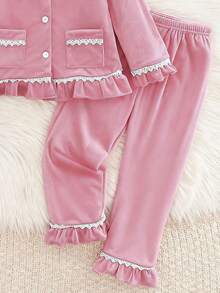 女童刺绣字母图案荷叶边舒适简约圆领长袖上衣和裤子套装，适合家庭聚会，秋冬 - 粉色 - 查看 5