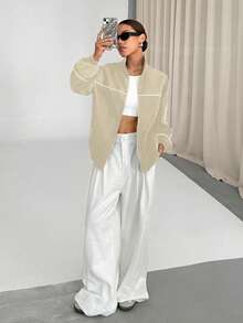 SHEIN Unity 白色拉链运动夹克，饰有条纹滚边 - 卡其色 - 查看 6