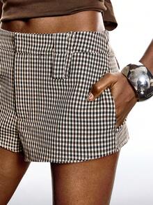 LYSMO Short à carreaux taille basse pour femmes, idéal pour les déplacements - Marron - Voir 8