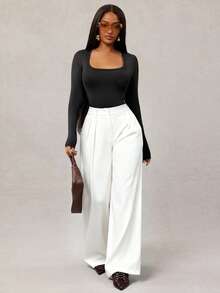 Radiana Women's Minimalist And Stylish White Wide-Leg Pants, Suitable For Commuting, White Wide-Leg Pants, High-Waisted Wide-Leg Pants, White Suit Pants, Autumn And Winter.,Spring To Summer, - White - View 4