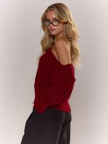 MUSERA 蓬松针织不对称肩部收腰马海毛上衣，可爱，乡村风，田园风，奶油糖色优雅晚装情人节春季情人节 - 酒紅色 - 查看 4