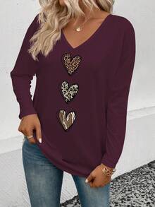 EMERY ROSE Women's Spring/Summer New Arrival Ombre Leopard Print Heart Pattern Casual V-Neck Long Sleeve T-Shirt - Red Violet - View 5