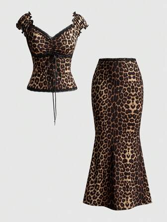 Kawaii 2 Stücke/Set Damen Ballerina Stil V-Ausschnitt Schleife Dekor Kontrast Polka Dot Spitze Patchwork Slim Fit Top und Rock Sommer Outfit