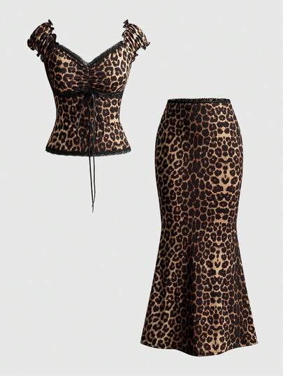 Kawaii 2pcs/Set Women's Ballerina Style V-Neck Bow Decor Contrast Polka Dot Lace Patchwork Slim Fit Top And Skirt Summer Outfit