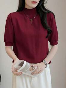 EMERY ROSE 纯色高领优雅通勤时尚短袖针织上衣 - 酒紅色 - 查看 4