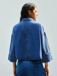 Maija Women's Dark Blue Denim Blouse, 3/4 Sleeve, Urban Commute Business Casual, Office Wear, Elegant For Christmas, New Year Party