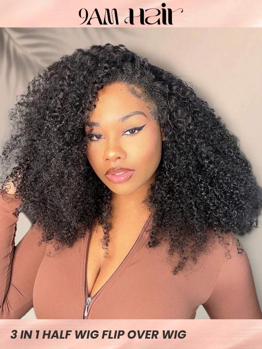 9am Hair Store 真人发三合一半假发，无缝蓬松卷曲真人发翻转假发，无需胶水，无蕾丝，180% 密度，14-16 英寸波波头，18-28 英寸长发，自然黑色，自然发际线，新手友好，配件齐全，情人节真人发无蕾丝假发，自然无胶假发，浪漫约会之选，女士适用 - S1 - 查看 1
