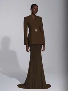 Elitara 女士优雅浪漫简约西装廓形鱼尾下摆长裙，时尚百搭，适合网红、节日、假期、生日、派对、婚礼、正式场合等各种场合。 - 咖啡棕 - 查看 4