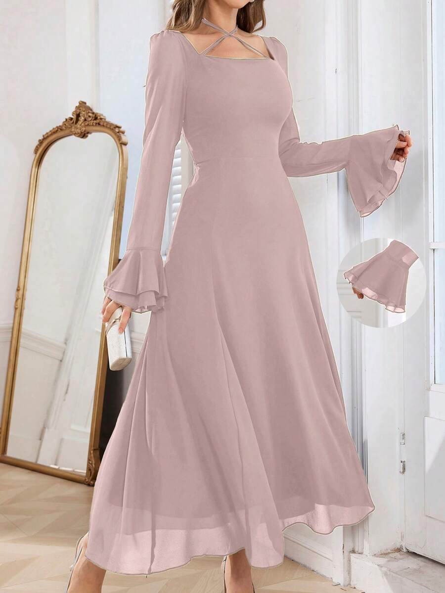 Modelyn 女士优雅精致时尚喇叭袖方领藏蓝色连衣裙酒红色长款女装晚礼服 - 粉色 - 查看 1