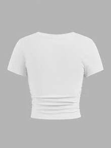 SHEIN Girlism Áo thun cổ tròn tay ngắn thoải mái cho bé gái tuổi teen, có nhún hai bên, in nơ và buộc tóc - trắng - Xem 2