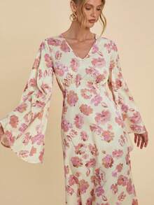 COSMINA Đầm dài nữ thanh lịch in hoa, cổ chữ V, tay cánh dơi, eo thon, thích hợp cho các kỳ nghỉ, hẹn hò, tụ họp, đầm kimono, đầm dài tay, đầm in hoa, đầm dài nữ, đầm quấn. - Nhiều màu - Xem 5