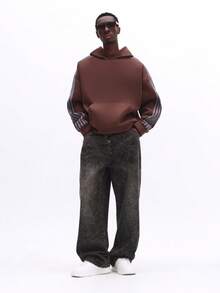 SUMWON 经典宽松版型套头连帽衫，横条纹设计，长袖，中央口袋，休闲街头风，秋冬舒适之选 - 棕色 - 查看 3