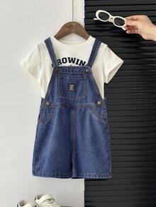 SHEIN Young BoyFitted Blue Denim Bib Shorts - Dark Wash - View 4