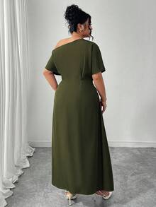 Elenzga Plus Size Women's Solid Color Asymmetric Ruffle Hem Split Elegant Dress, Metal Decor Button - Army Green - View 2