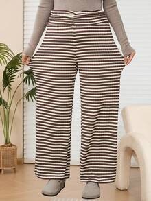 EMERY ROSE Plus Size Women Waist Ruched Striped Wide Leg Loose Casual Pants Stripe Pants Women Pants Palazzo Pants Women - Multicolor - View 1