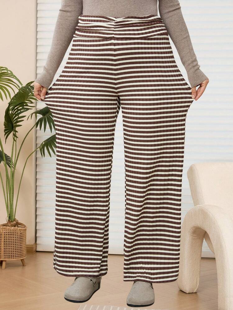 Plus Size Women Waist Ruched Striped Wide Leg Loose Casual Pants Stripe Pants Women Pants Palazzo Pants Women