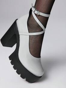 ROMWE Giày Mary Jane nữ bít mũi, quai chéo, kiểu Punk Goth, đế cao, gót dày, quai cài, giày đồng phục JK, giày cao gót chống thấm nước cho mùa Giáng sinh - Xám - Xem 3