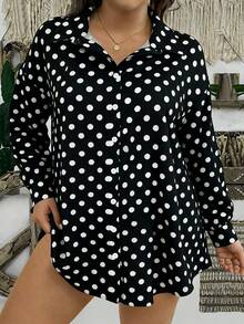 Breezaya 大码女式黑色波点印花宽松休闲舒适长袖衬衫，适合日常穿着、度假、节日、派对等场合。 - 黑色 - 查看 5