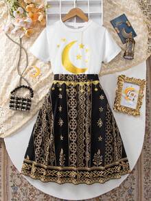 SHEIN Explorewe Tween Girls' Two Pieces Suit; Middle Eastern T-Shirt + Skirt Two Pieces Suit; Moon And Star Print, Simple And Versatile - Black - View 8