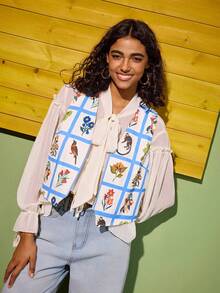 Felipe Marques Women's Floral Print Vest Cardigan Regular Jacket, Casual For Autumn/Winter, Vacation, Party - Baby Blue - View 6