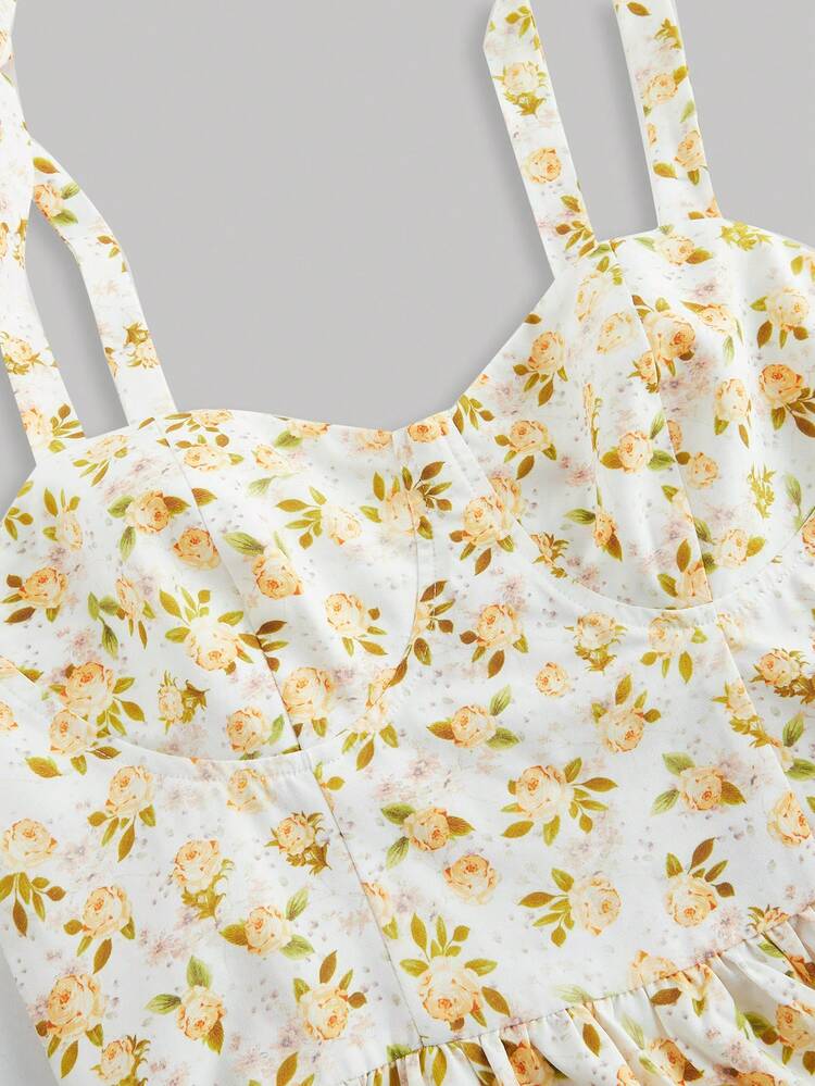 SHEIN MOD Floral Print Strap Tie Up Summer Dress For Women, Floral Print Long Dress For Spring,Vacation Dress, Holiday Dress,Country Outfits,Beach Vacation Wear,Boho Women,Birthday Outfits For Women,Spring And Summer Dress,Brunch Outfits - Yellow - View 3