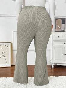 SHEIN 大码孕妇纯色弹力腰罗纹休闲修身喇叭裤 - 杏色 - 查看 2