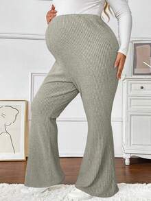 SHEIN 大码孕妇纯色弹力腰罗纹休闲修身喇叭裤 - 杏色 - 查看 6