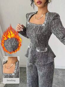 Modelyn Ensemble femme élégant composé d'un Top à manches longues avec épaules matelassées, col en U, perles, taille froncée et faux poches, en tweed gris, et d'un pantalon droit, pour l'automne - Gris - Voir 1
