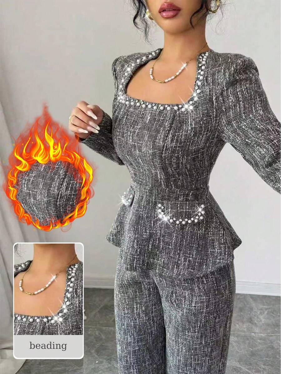 Modelyn Ensemble femme élégant composé d'un Top à manches longues avec épaules matelassées, col en U, perles, taille froncée et faux poches, en tweed gris, et d'un pantalon droit, pour l'automne - Gris - Voir 1