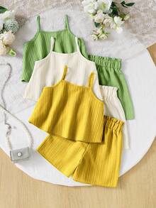 SHEIN Genkimix Kids Bộ 3 áo hai dây dệt họa tiết sọc đơn giản, viền bèo nhún đôi cho bé gái và quần short cạp chun có viền bèo nhún, màu sắc: be, xanh lá, tím, thích hợp cho các hoạt động thể thao ngoài trời và đi chơi thường ngày, phù hợp với trẻ từ 4-7 tuổi - Nhiều màu - Xem 2