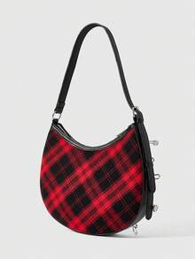 ROMWE Grunge Punk Bolsa de Ombro de Moda com Design de Broche Xadrez em Estilo Punk Feminino - Preto - Visão 5
