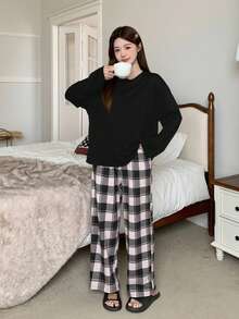 Bộ đồ mặc nhà màu đen 2 món cho bé gái tuổi teen, áo phông kẻ caro trơn và quần dài đến mắt cá chân kẻ caro, đồ ngủ mặc nhà thoải mái, cổ tròn, thoải mái và thời trang, phù hợp cho mùa xuân và mùa thu, đồ mặc nhà thoải mái - Hồng - Xem 5