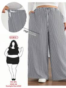 SHEIN CURVE+ Quần ống rộng kẻ sọc cạp chun co giãn cỡ lớn cho nữ, quần ống rộng kẻ sọc thường ngày cho công sở/2026/Năm mới - Đen và trắng - Xem 1