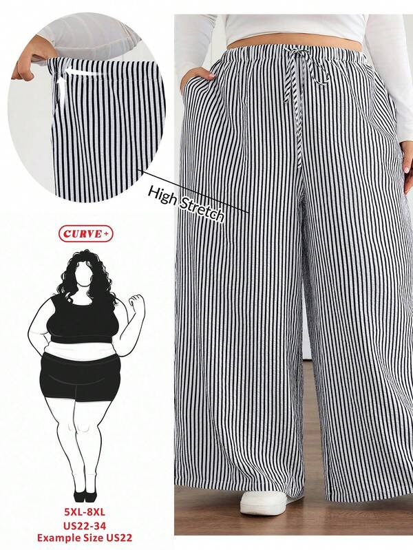 SHEIN CURVE+ 大码女式条纹松紧腰抽绳裤，商务休闲条纹阔腿裤/2026/新年