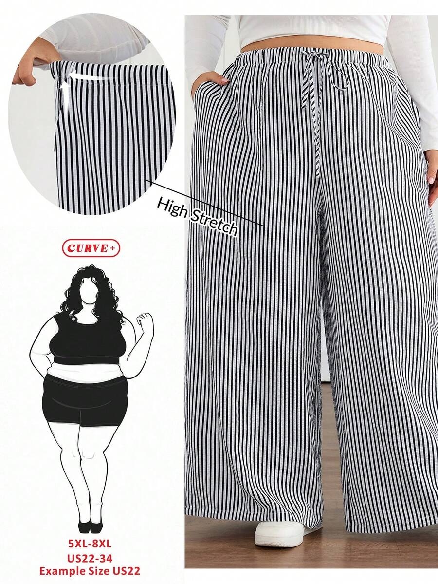 SHEIN CURVE+ Quần ống rộng kẻ sọc cạp chun co giãn cỡ lớn cho nữ, quần ống rộng kẻ sọc thường ngày cho công sở/2026/Năm mới - Đen và trắng - Xem 1